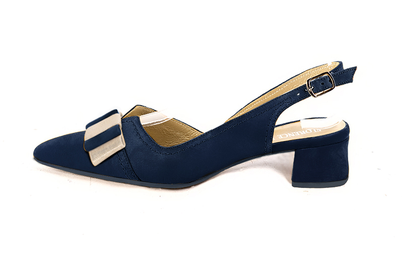 French elegance and refinement for these navy blue and gold dress slingback shoes, with a knot, 
                available in many subtle leather and colour combinations. The pretty French spirit of this beautiful pump 
will accompany your steps nicely and comfortably.
To be personalized or not, with your materials and colors.  
                Matching clutches for parties, ceremonies and weddings.   
                You can customize these shoes to perfectly match your tastes or needs, and have a unique model.  
                Choice of leathers, colours, knots and heels. 
                Wide range of materials and shades carefully chosen.  
                Rich collection of flat, low, mid and high heels.  
                Small and large shoe sizes - Florence KOOIJMAN